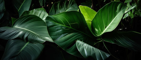 Tropical green leaves background. Nature and environment concept. Selective focus.の素材