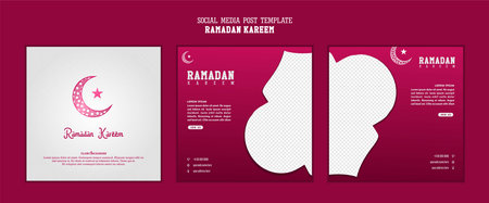 Set of Square social media post template in red, white with moon design. Good template for islamic celebration design.のイラスト素材