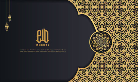 Happy eid mubarak, islamic greeting card black and gold color design background with islamic modern ornamentのイラスト素材
