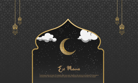 Happy eid mubarak, islamic greeting card black color gold design background with islamic modern ornamentのイラスト素材