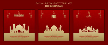 Set of social media post template, square background red gold color and simple ornament design for islamic partyのイラスト素材