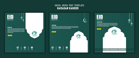 Set of social media post template, square background with green color and simple ornament design for islamic partyのイラスト素材