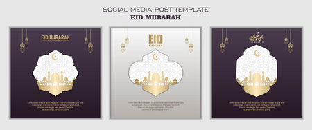 Set of social media post template, square background with black white color and simple ornament design for islamic partyのイラスト素材