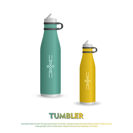 Tumbler mockup aluminum Bottle with green white yellow and black colors, realistic vector mockup water bottleのイラスト素材