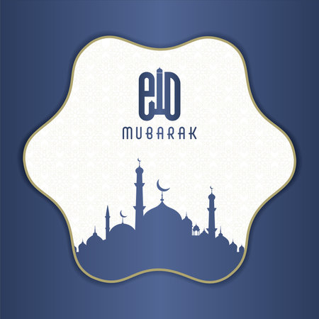 islamic greeting eid mubarak card square background blue gold color design for islamic partyのイラスト素材