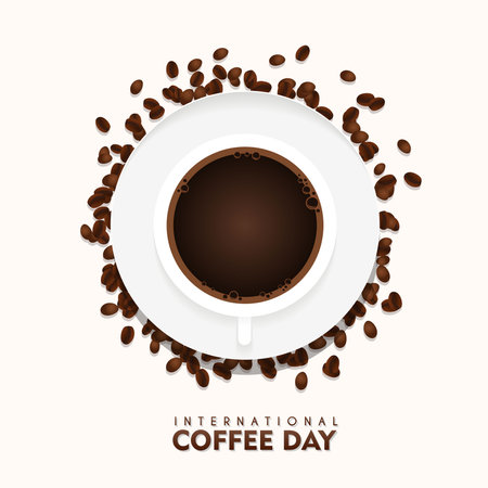 International Coffee Day. coffee cup with coffee beans sprinkled around itのイラスト素材