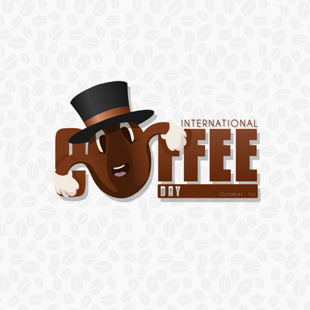 International Coffee Day. typographic design with illustration of coffee beans wearing a hatのイラスト素材