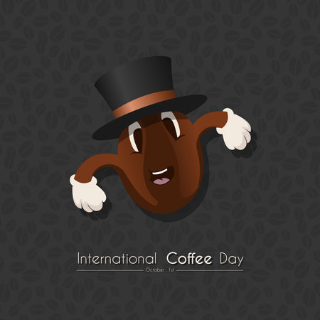 illustration of a coffee bean with a black hat, suitable for for International Coffee Day posterのイラスト素材