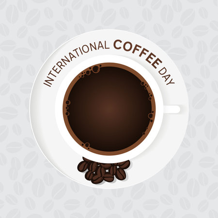 International Coffee Day. white coffee cup design with black coffee beans on the sideのイラスト素材