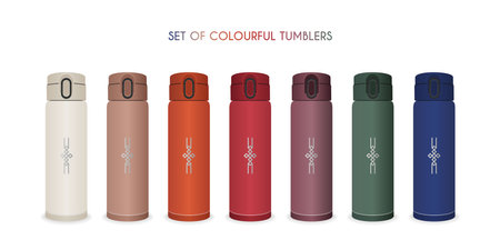 Travel flask tumbler template. A set of white, brown, orange, red, purple, green, blue mugsのイラスト素材