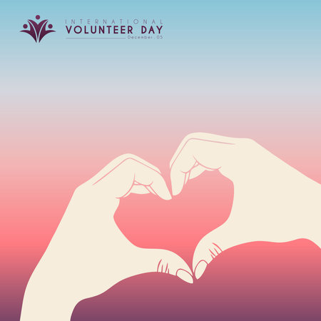 International Volunteer Day, with an illustration of hands forming an icon of loveのイラスト素材