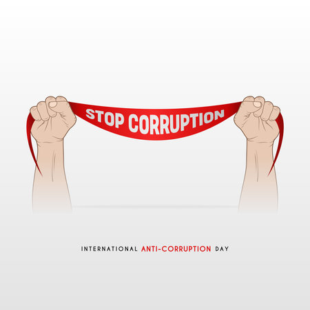 International Anti-Corruption Day, with design of two hands holding a ribbon saying STOP CORRUPTIONのイラスト素材