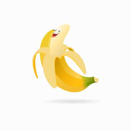 Illustration Banana icon with eyes and mouth on peeled bananaのイラスト素材