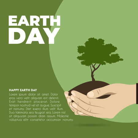 Happy earth day. Ecology concept. Design with an image of a hand carrying earth and a tree on itのイラスト素材