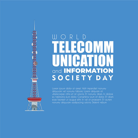 World Telecommunication and Information Society Day banner May 17, post with telecommunication towerのイラスト素材