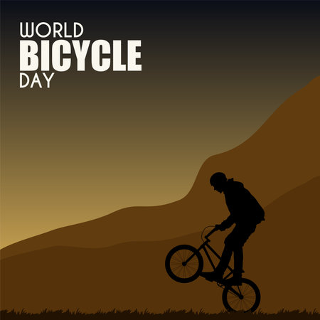 World Bike Day banner, international cycling celebration, silhouette of a bicycle against a sunset backgroundのイラスト素材