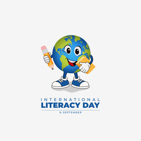 International Literacy Day poster design with an illustration of a globe holding a pencil and a bookのイラスト素材
