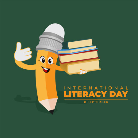 International Literacy Day poster design with pencil illustration carrying a stack of booksのイラスト素材