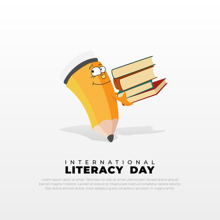 International Literacy Day poster featuring an illustration of a pencil carrying a book, September 8のイラスト素材
