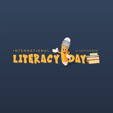 International literacy day with books, pencil on blue backgroundのイラスト素材