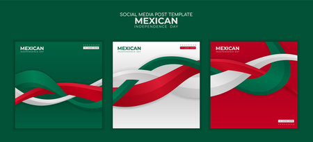 Set of carousel social media post with waving 3d shapes of green white and red for mexican national dayのイラスト素材