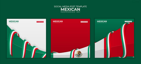 Set of carousel post with the ribbon that wraps around 3d waving shape, mexican independence day designのイラスト素材