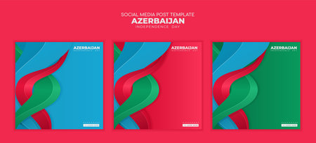 Set of Azerbaijan Independence Day carousel templates with blue, red, and green 3D wave shapesのイラスト素材