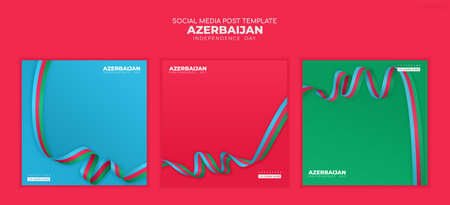 Set of carousel Azerbaijan Independence Day with wavy Azerbaijani flag ribbonのイラスト素材
