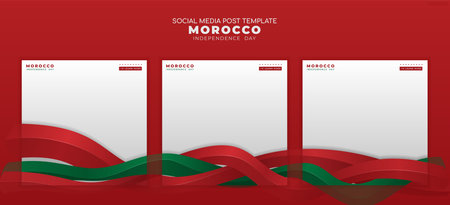 Set of carousel posts template with realistic red and green object, suitable for morocco independence dayのイラスト素材