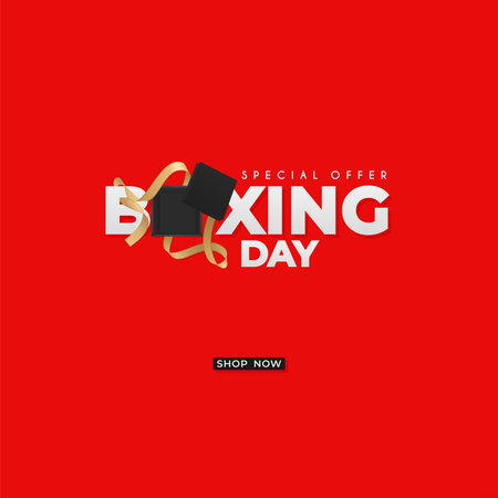 Boxing day Sale Banner vector illustration. Surprise present box with gold ribbon on red backgroundのイラスト素材