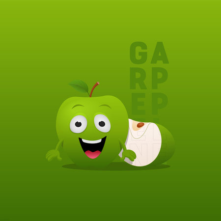Green apple whole and slice. Healthy food vector illustration on green backgroundのイラスト素材
