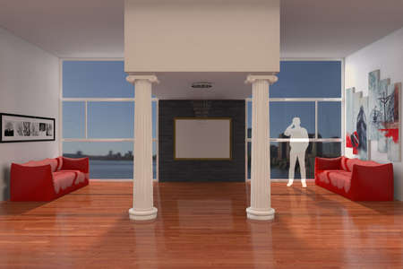 Living room with couches and columns and large windowsの写真素材