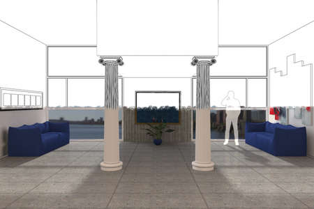 Living room with couches and columns and large windowsの写真素材