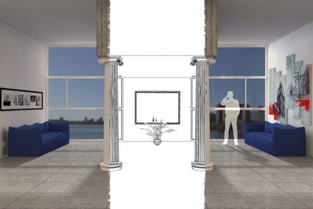 Living room with couches and columns and large windowsの写真素材