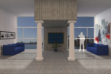 Living room with couches and columns and large windowsの写真素材