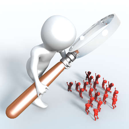 Little man who looks down \ 'tall with a magnifying glass a group of very smallの写真素材