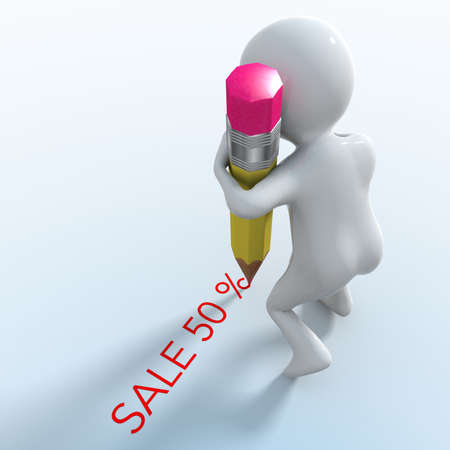 Little man with a pencil that writes off 50%の写真素材