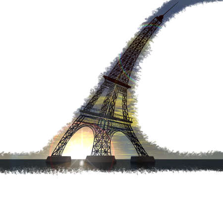 Eiffel Tower 3D bent sea at sunset grungeの写真素材