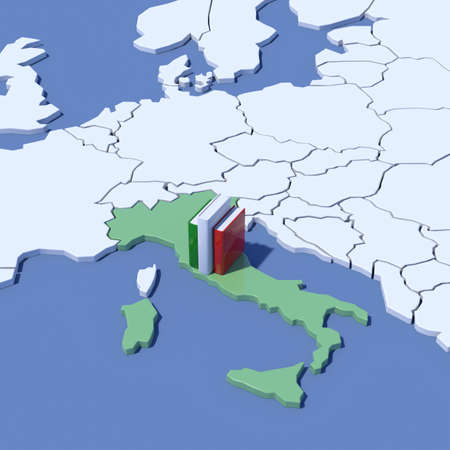 3D Map of Europe showing Italy with booksの写真素材