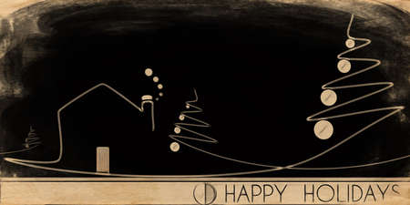 Tree Christmas and Happy Holidays house in steel and wood tintの写真素材