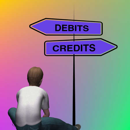 Boy sitting in front of the choices of life, DEBITS or CREDITS
