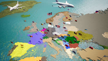 Earth map with nations flags in the windの写真素材