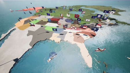 Earth map with nations flags in the windの写真素材