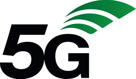 Logo 5G with green leaf on white background, vector illustration