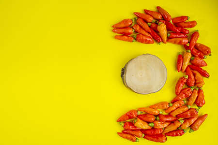 The red chili pattern forms the letter C and there is wood in the middle of the letter C on a yellow background. Chili wallpaper. Red chilies isolated on a yellow background.の写真素材