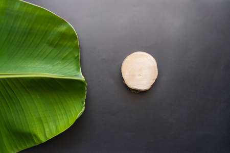 Black Color Paper Texture Background With Banana Leaves And Round Wood. Creative idea concept....