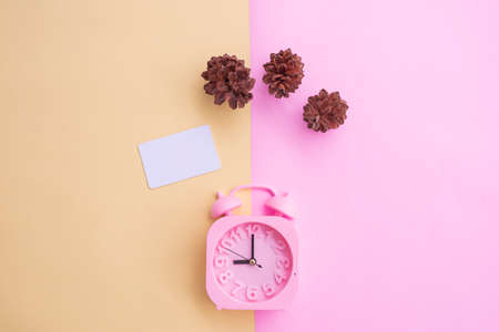 business card on pastel pink and yellow background with spruce flower accessories and pink alarm clockの写真素材