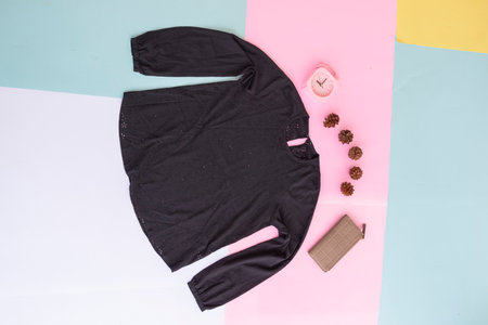 women's blouse, brown purse and black bag on pastel multi-colored background. fashion background...