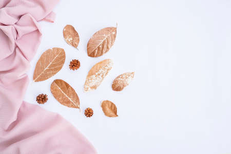 Autumn composition. brown scarf, dry leaves on white background. Autumn, autumn concept. Flat lay, top view, copy spaceの写真素材