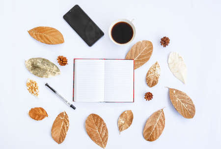Minimalist concept. Yellow scarf, brown scarf, coffee and green leaves on white background. Fall. Flat lay, top view, copy spaceの写真素材